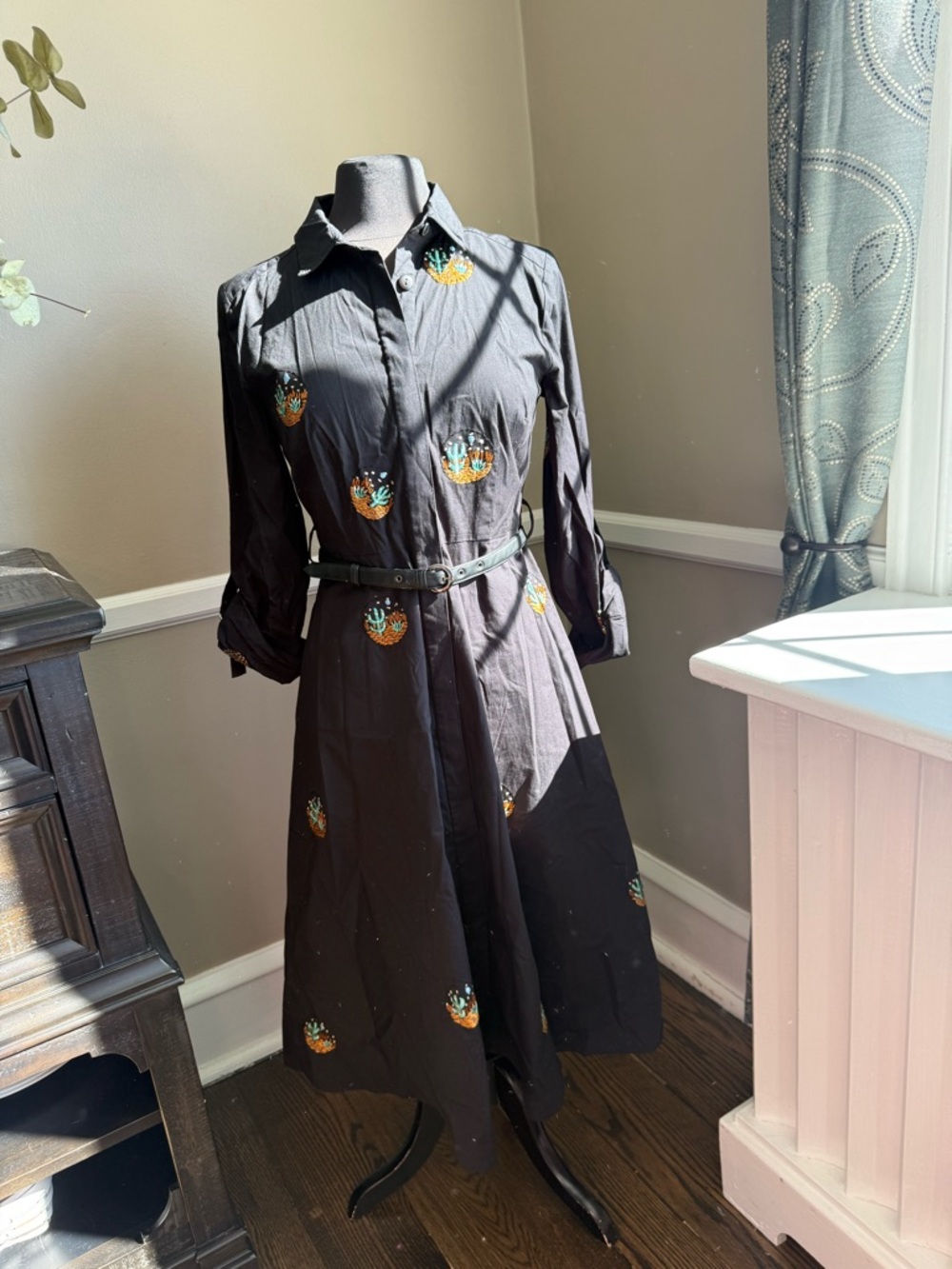 eshakti Black Maxi Shirt Dress with Colorful Embroidery